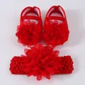 Red baby princess shoes and matching headband set with decorative large fabric flowers - Size 11 (Inner Length 10.5CM) / Princess Shoes (24-33) / Princess Shoes And Headband Set / Red