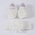 White baby girl princess shoes and headband set with large fabric flower decorations - Size 11 (Inner Length 10.5CM) / Princess Shoes (24-33) / Princess Shoes And Headband Set / White
