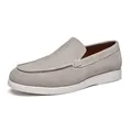 Stylish men's grey suede slip-on loafers featuring a durable white rubber flat sole - Elephant Gray