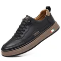 Elegantes zapatos informales de cuero negro para hombre con suela blanda marrón. - Negro