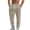 Detailed view of men's textured knit joggers with drawstring waist and patch pockets - S / Bottoms / Khaki