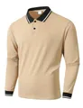 Professional front view of khaki long sleeve polo shirt with black striped collar and cuffs - S / Tops / Khaki