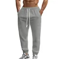 Close-up of men's grey knitted jogger pants with white drawstring and cable texture - S / Bottoms / Gray