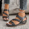 Casual black wedge sandals for women with adjustable velcro straps and white stitching - Black
