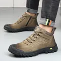Botas de nieve de invierno para hombre en cuero con forro cálido - Caqui