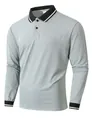 Detailed view of grey long-sleeve polo shirt with black contrast collar and cuffs. - S / Tops / Light Gray