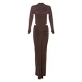 Elegant chocolate brown 2-piece set with long sleeve bodysuit and ruched maxi skirt - S / Top And Bottom / Coffee