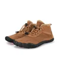 Detailed view of brown men's fur-lined snow boots with barefoot-style rubber sole - 36 / Yellow
