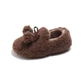 Cozy brown fuzzy loafers for girls with pom-poms and bow, warm plush lining. - Brown