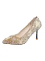 Elegant champagne velvet pointed toe stiletto pumps with delicate lace and rhinestones. - 35 / Champagne