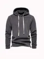 Detail view of men's charcoal grey fleece hoodie with contrast drawstring and adjustable hem - L / Tops / Dark Gray