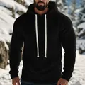 Close-up of a black polar fleece hoodie for men styled in a snowy outdoor mountain scene - S / Tops / Black