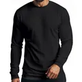 Detail shot of men's black long-sleeve crewneck T-shirt showing small checkered texture. - S / Tops / Black