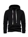 Front view of a men's black polar fleece hoodie with contrast white drawstrings and hood. - M / Tops / Black