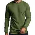 Detail of men's slim fit crew neck long sleeve shirt with olive green square grid texture. - S / Tops / Army Green