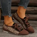 Brown women's fly-knit lace-up flat shoes with star pattern design - Dark Brown