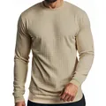 Close-up shot of men's slim-fit beige long-sleeved T-shirt with a textured grid pattern. - S / Tops / Khaki
