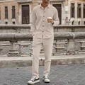 Men's stylish beige corduroy casual two-piece set with long sleeve shirt and trousers - Apricot