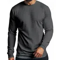 Detail of dark gray men's waffle knit long-sleeve T-shirt with textured grid pattern - Dark Gray