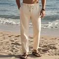 Pantaloni casual beige da uomo in misto lino con coulisse e gamba dritta per spiaggia - Kaki