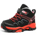 Warm children's winter hiking boot in black and red with thick faux fur lining and velcro strap - 29 / Black Red