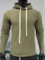Felpa con cappuccio casual da uomo in pile verde oliva con coulisse bianca a contrasto - Verde militare