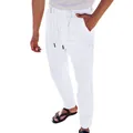Pantalon d'automne en coton et lin blanc pour homme avec cordon de serrage et coupe droite - Blanc
