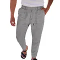 Pantalon gris décontracté pour hommes avec cordon en coton et lin à coupe droite - Gris