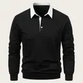 Men's casual long sleeve polo shirt with white contrast collar and black body design. - S / Tops / Black
