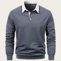 Detailed view of grey men's long-sleeve polo shirt featuring a contrasting white collar - S / Tops / Light Gray