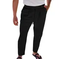 Pantalon noir en coton et lin pour homme avec cordon de serrage et coupe droite décontractée - Noir