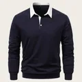 Detail view of men's navy blue long-sleeve Polo shirt with white contrast collar - S / Tops / Navy Blue