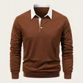 Men's brown long-sleeve polo shirt featuring a white contrast collar and comfortable casual fit - S / Tops / Caramel color