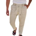 Pantalon décontracté en lin pour homme avec cordon de serrage et coupe droite beige - Kaki