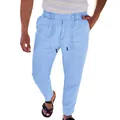 Pantalon droit pour homme en coton et lin bleu clair avec une taille à cordon confortable - Bleu clair