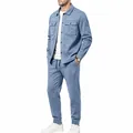 Men's casual blue suede-like workwear jacket and joggers set in a minimalist style outfit - S / Top And Bottom / Light Blue