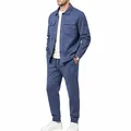 Men's relaxed blue suede jacket and jogger set for casual autumn streetwear style - Navy Blue