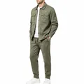 Men's casual olive green suede jacket and joggers set featuring utility cargo pockets - Army Green