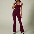 Elegant burgundy sleeveless yoga jumpsuit with contrast white straps and flare leg bottom - S / Top And Bottom / Angola Red