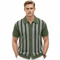 Stijlvol gebreid polo-vest voor heren met retrostrepen in saliegroen, korte mouw - M / Tops / Groen