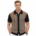 Camisa polo de punto para hombre con rayas verticales vintage en color negro y naranja - M / Tops / Negro