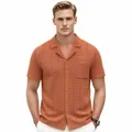 Men's burnt orange Cuban collar knit shirt with short sleeves and button-up front - M / Tops / Brown