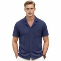 Men's blue textured knit short sleeve shirt with classic Cuban collar and button front - M / Tops / Navy Blue