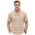 Stylish men's casual beige Cuban collar knit cardigan short sleeve polo shirt variant - M / Tops / Khaki