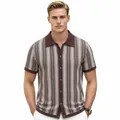 Men's retro brown jacquard knitted polo cardigan with button-down front, short sleeves. - M / Tops / Coffee