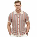 Vintage oranje gestreepte gebreide poloshirt met geometrisch jacquardpatroon heren - M / Tops / Khaki