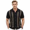 Men's short sleeve striped jacquard knit Polo shirt cardigan in black business style - M / Tops / Black