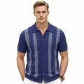 Men's blue short-sleeve knitted polo shirt with white geometric jacquard pattern. - M / Tops / Navy Blue