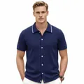 Cardigan polo en maille bleu marine à manches courtes pour hommes avec liseré. - M / Hauts / Bleu Marine