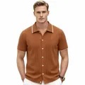 Cardigan polo tricoté marron à manches courtes pour hommes avec bordure blanche - M / Hauts / Marron